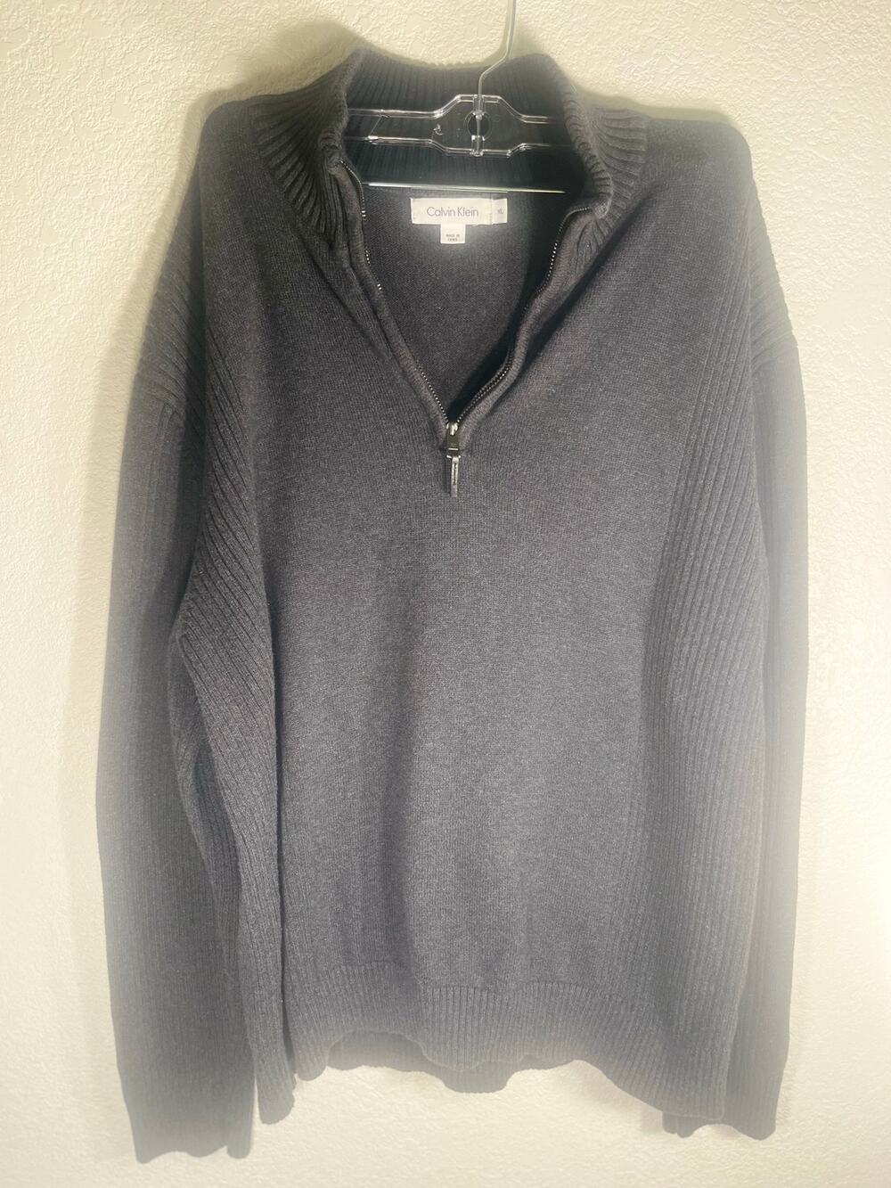 Calvin Klein 1/4 Zip Pullover Sweater Mock Neck Charcoal Gray Knit Men's XL
